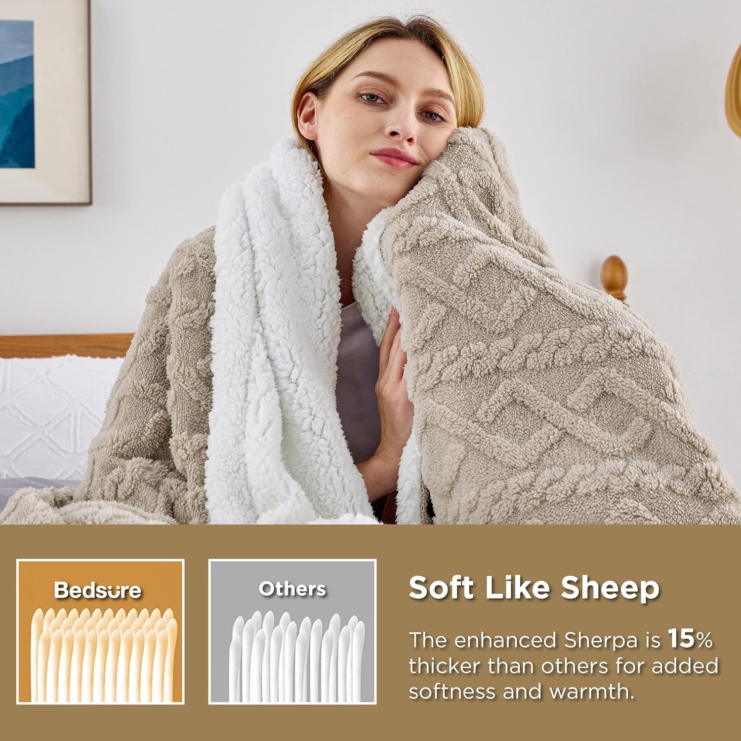 Bedsure Sherpa Fleece Throw Blanket for Couch - Soft Fluffy & Cozy Cable Jacquard Tufted Throw Blankets for Women Gift, Thick Warm Blanket for Winter and All Seasons, Beige, Large